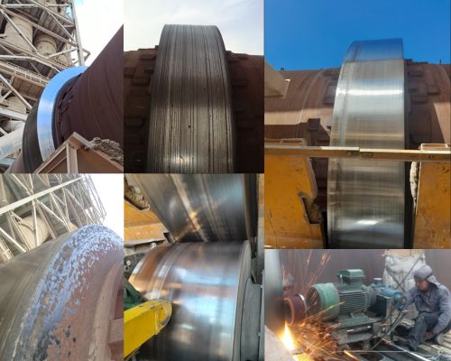 Tires and rollers resurfacing process in a rotary kiln, restoring optimal surface conditions for efficient operation and minimizing wear.