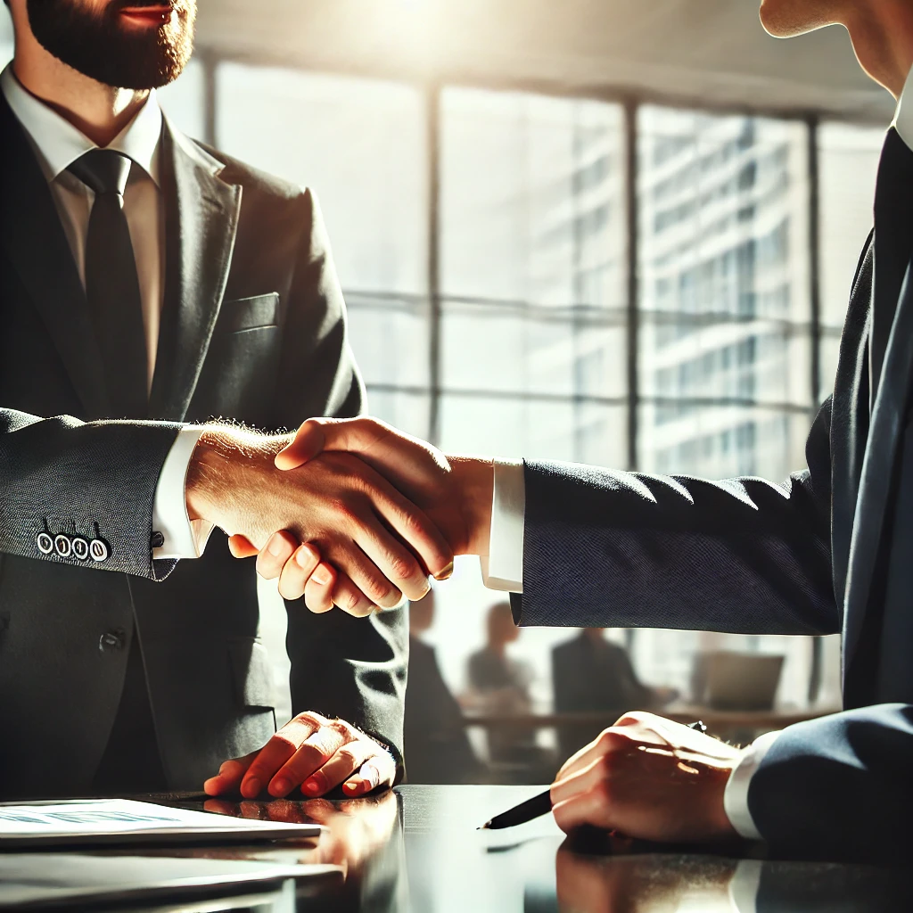 Business handshake symbolizing partnership and business cooperation.